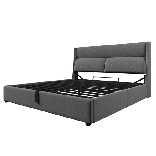 Cama estofada 140x200 cm - Cabeceira ajustável, estrutura hidráulica com arrumação - Cinza