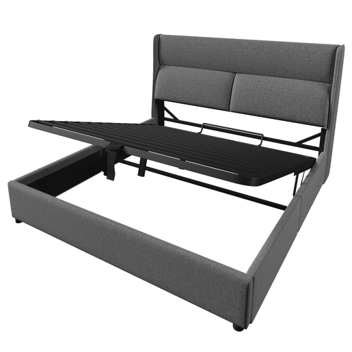 Cama estofada 140x200 cm - Cabeceira ajustável, estrutura hidráulica com arrumação - Cinza