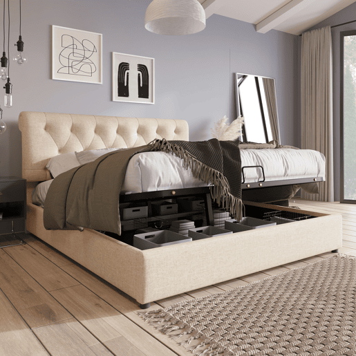 Cama de casal 160x200 - Polsterbett hidráulica com cabeceira ajustável e arrumação - Natural