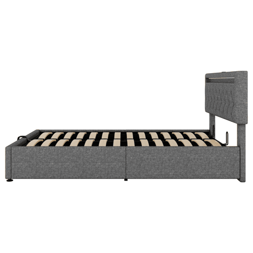 Cama estofada 140x200 cm - luz LED, elevável, USB e arrumação - cinzento Cama estofada 140x200 cm - luz LED, elevável, USB e arrumação - cinzento
