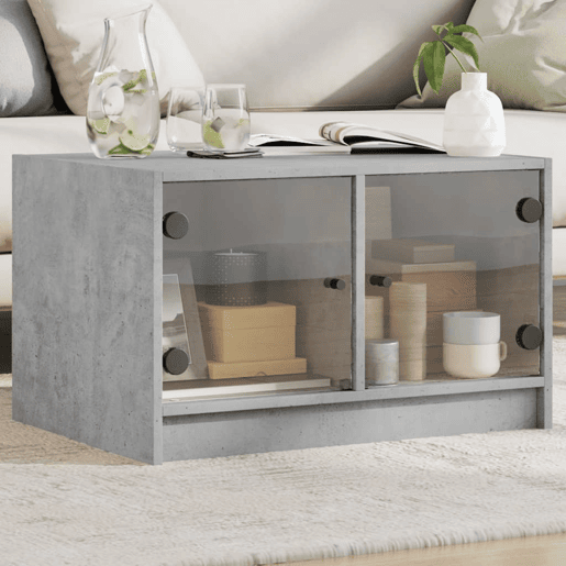 Mesa de Centro, Mesa baixa, c portas de vidro 68x50x42 cm cinza cimento