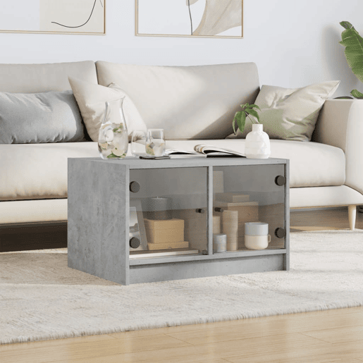 Mesa de Centro, Mesa baixa, c portas de vidro 68x50x42 cm cinza cimento