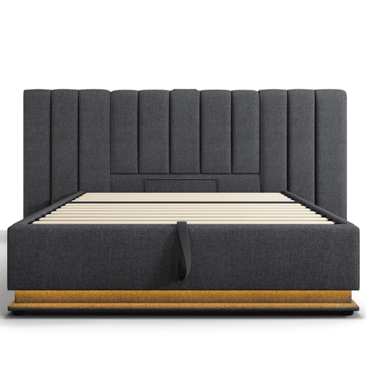 Cama Polsterbett 180x200 - Cama de casal com arrumação, LED controlável por aplicação e carregamento USB-C, linho, cinzento