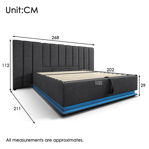 Cama Polsterbett 180x200 - Cama de casal com arrumação, LED controlável por aplicação e carregamento USB-C, linho, cinzento