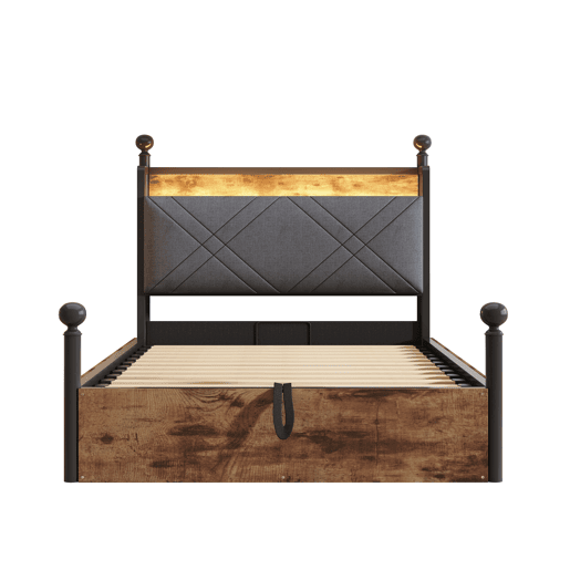 Cama individual multifuncional 90x190 - Com armazenamento hidráulico, dossel em ferro forjado, LED e portas USBTipo-C - Preta