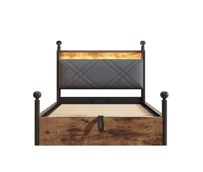 Cama individual multifuncional 90x190 - con almacenamiento hidráulico, dosel de hierro forjado, led y puertos usb/tipo-c - negra