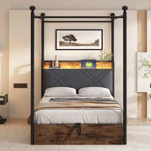 Cama individual multifuncional 90x190 - Com armazenamento hidráulico, dossel em ferro forjado, LED e portas USBTipo-C - Preta