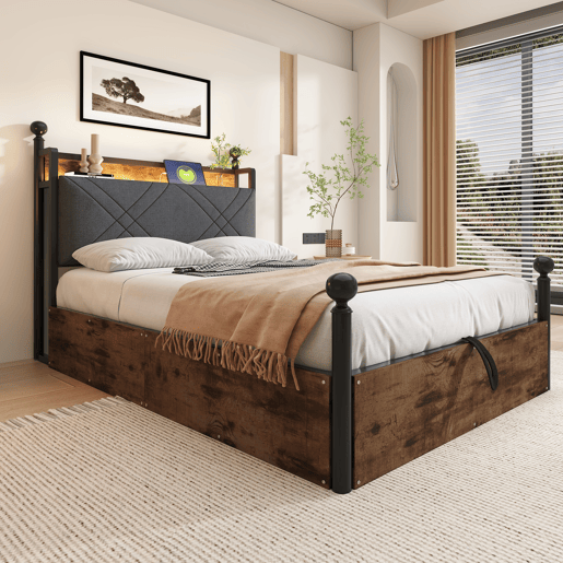 Cama individual multifuncional 90x190 - Com armazenamento hidráulico, dossel em ferro forjado, LED e portas USBTipo-C - Preta