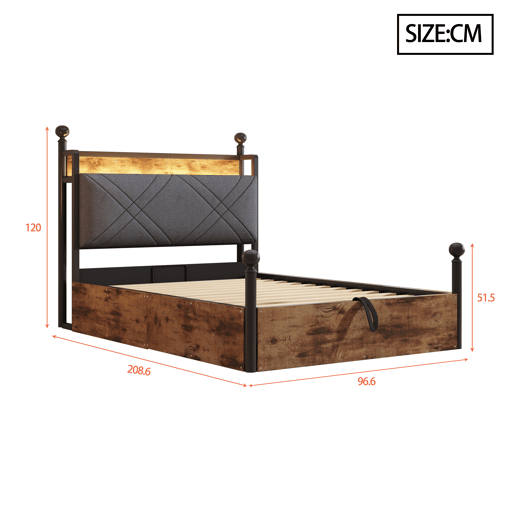 Cama individual multifuncional 90x190 - Com armazenamento hidráulico, dossel em ferro forjado, LED e portas USBTipo-C - Preta