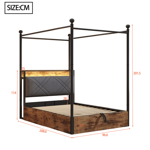 Cama individual multifuncional 90x190 - Com armazenamento hidráulico, dossel em ferro forjado, LED e portas USBTipo-C - Preta