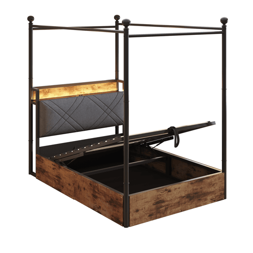 Cama individual multifuncional 90x190 - Com armazenamento hidráulico, dossel em ferro forjado, LED e portas USBTipo-C - Preta