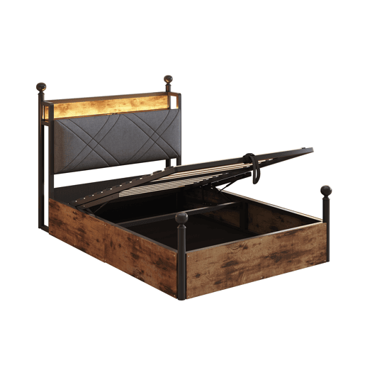 Cama individual multifuncional 90x190 - Com armazenamento hidráulico, dossel em ferro forjado, LED e portas USBTipo-C - Preta