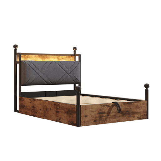 Cama individual multifuncional 90x190 - Com armazenamento hidráulico, dossel em ferro forjado, LED e portas USBTipo-C - Preta