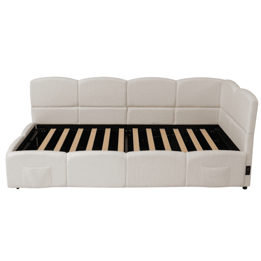 Cama estofada 90x200 cm - com estrado de ripas, sofá-cama, USB, bolsa de armazenamento, bege