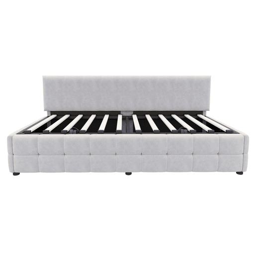 Cama individual 90x200 cm - Com arrumação hidráulica, encosto sem braços, design quadriculado - Cinza claro