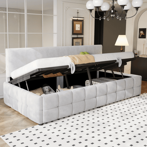 Cama individual 90x200 cm - Com arrumação hidráulica, encosto sem braços, design quadriculado - Cinza claro