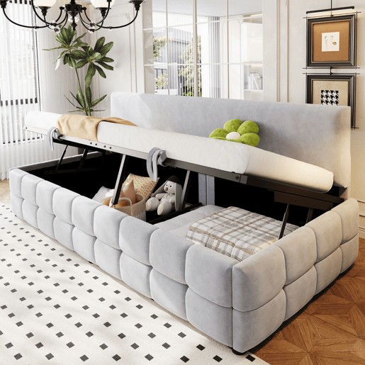 Cama individual 90x200 cm - Com arrumação hidráulica, encosto sem braços, design quadriculado - Cinza claro