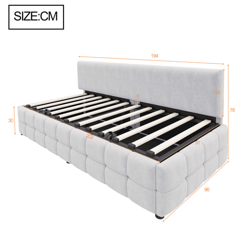 Cama individual 90x200 cm - Com arrumação hidráulica, encosto sem braços, design quadriculado - Cinza claro