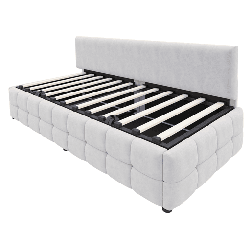 Cama individual 90x200 cm - Com arrumação hidráulica, encosto sem braços, design quadriculado - Cinza claro