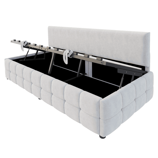 Cama individual 90x200 cm - Com arrumação hidráulica, encosto sem braços, design quadriculado - Cinza claro
