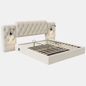 Cama estofada 160x200 cm - Cabeceira longa, material de veludo, várias portas USB, candeeiro de secretária, sistema hidráulico, grande capacidade de arrumação - Bege