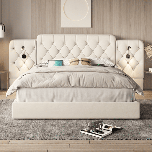 Cama estofada 160x200 cm - Cabeceira longa, material de veludo, várias portas USB, candeeiro de secretária, sistema hidráulico, grande capacidade de arrumação - Bege