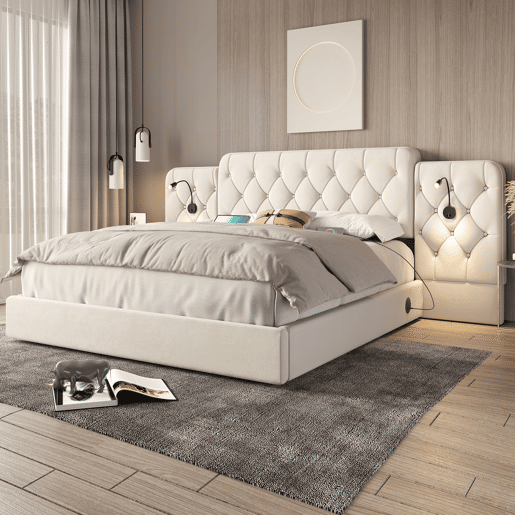 Cama estofada 160x200 cm - Cabeceira longa, material de veludo, várias portas USB, candeeiro de secretária, sistema hidráulico, grande capacidade de arrumação - Bege