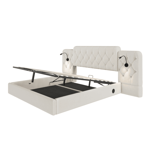 Cama estofada 160x200 cm - Cabeceira longa, material de veludo, várias portas USB, candeeiro de secretária, sistema hidráulico, grande capacidade de arrumação - Bege