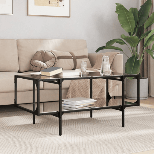 Mesa de Centro, Mesa baixa com topo em vidro preto 98,5x50x45 cm aço
