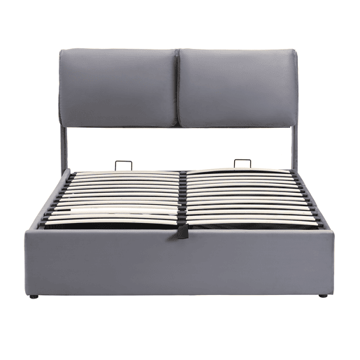 Cama estofada 140x190 com base hidráulica, 3 gavetas, baú e cabeceira de ripas - Cinza