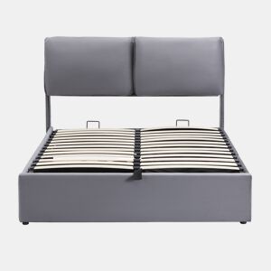 Cama estofada 140x190 com base hidráulica, 3 gavetas, baú e cabeceira de ripas - Cinza