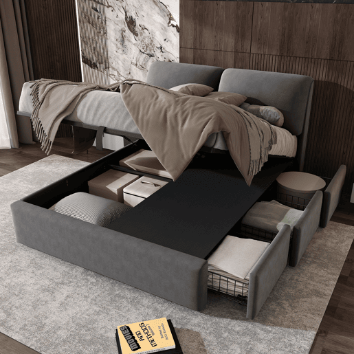 Cama estofada 140x190 com base hidráulica, 3 gavetas, baú e cabeceira de ripas - Cinza