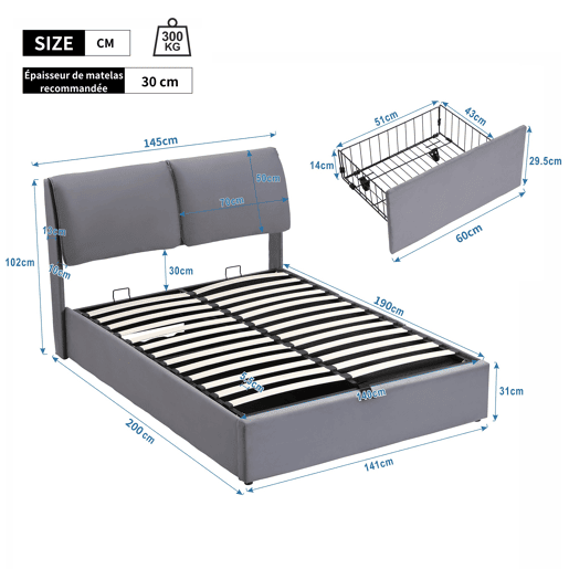 Cama estofada 140x190 com base hidráulica, 3 gavetas, baú e cabeceira de ripas - Cinza
