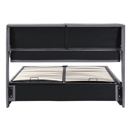 Cama estofada 140x190 com base hidráulica, 3 gavetas, baú e cabeceira de ripas - Cinza
