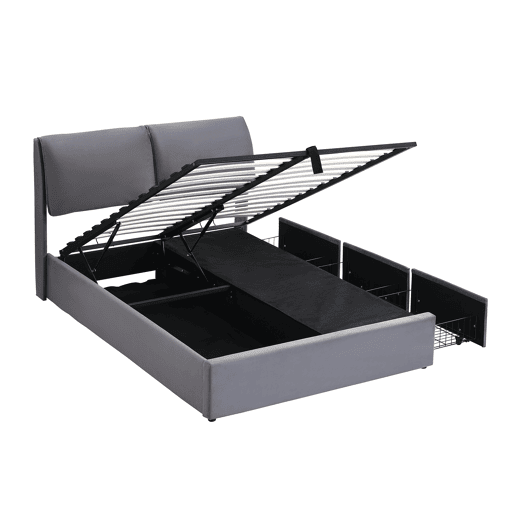 Cama estofada 140x190 com base hidráulica, 3 gavetas, baú e cabeceira de ripas - Cinza