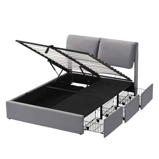 Cama estofada 140x190 com base hidráulica, 3 gavetas, baú e cabeceira de ripas - Cinza