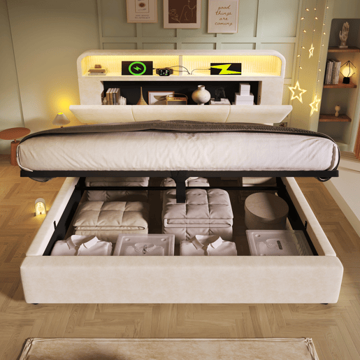 Cama estofada 140x200 cm - Cabeceira ajustável com arrumação, iluminação LED, USB, Samt Beige