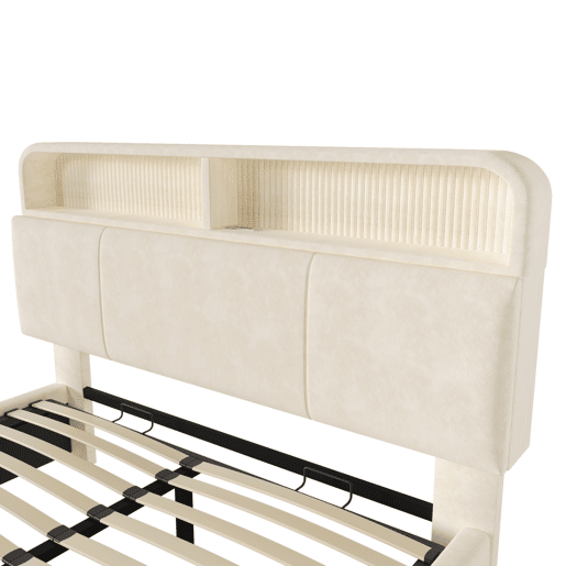 Cama estofada 140x200 cm - Cabeceira ajustável com arrumação, iluminação LED, USB, Samt Beige