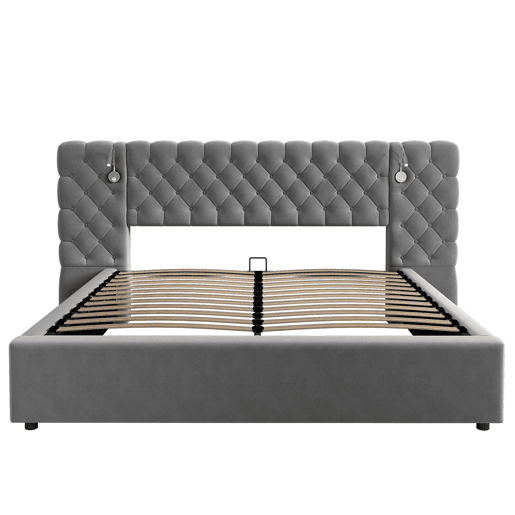 Cama estofada 160x200 cm - Cama hidráulica com arrumação, LED, cabeceira larga, veludo, cinzento