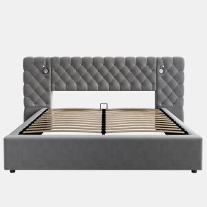 Cama estofada 160x200 cm - Cama hidráulica com arrumação, LED, cabeceira larga, veludo, cinzento