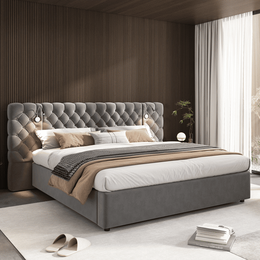 Cama estofada 160x200 cm - Cama hidráulica com arrumação, LED, cabeceira larga, veludo, cinzento
