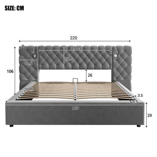 Cama estofada 160x200 cm - Cama hidráulica com arrumação, LED, cabeceira larga, veludo, cinzento