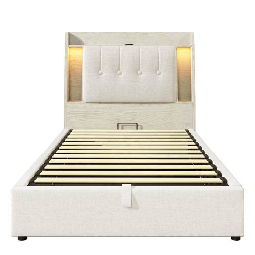 Cama estofada 90x200 cm - Com carregamento USB Tipo C, armazenamento multifuncional, LED, bege
