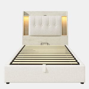 Cama estofada 90x200 cm - Com carregamento USB Tipo C, armazenamento multifuncional, LED, bege