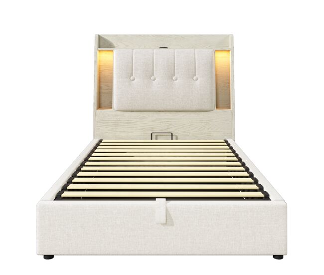 Cama tapizada 90x200 cm - con carga usb tipo-c, almacenamiento multifuncional, led, beige