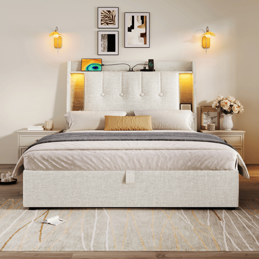Cama estofada 90x200 cm - Com carregamento USB Tipo C, armazenamento multifuncional, LED, bege