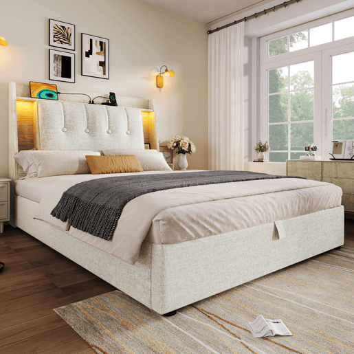 Cama estofada 90x200 cm - Com carregamento USB Tipo C, armazenamento multifuncional, LED, bege