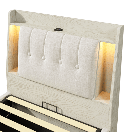 Cama estofada 90x200 cm - Com carregamento USB Tipo C, armazenamento multifuncional, LED, bege