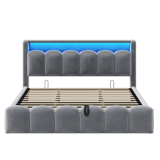 Cama multifuncional 180x200 cm - Com armazenamento hidráulico, USB, LED, design em pétalas, cinza