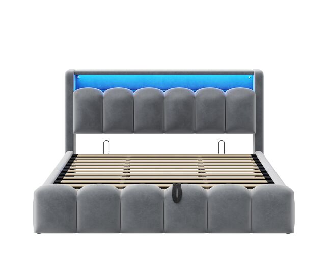Cama multifuncional 180x200 cm - con almacenamiento hidráulico, usb, led, diseño de pétalos, gris